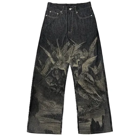 WANNA LAB Angel Print Raw Denim Baggy Jeans